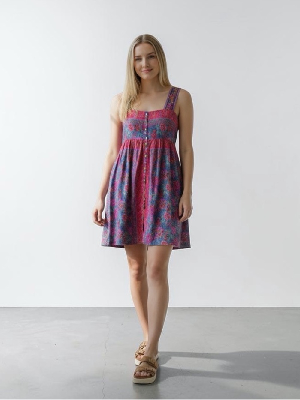 Natural Life Floral Cotton Rayon Smocked Back Mini Dress M